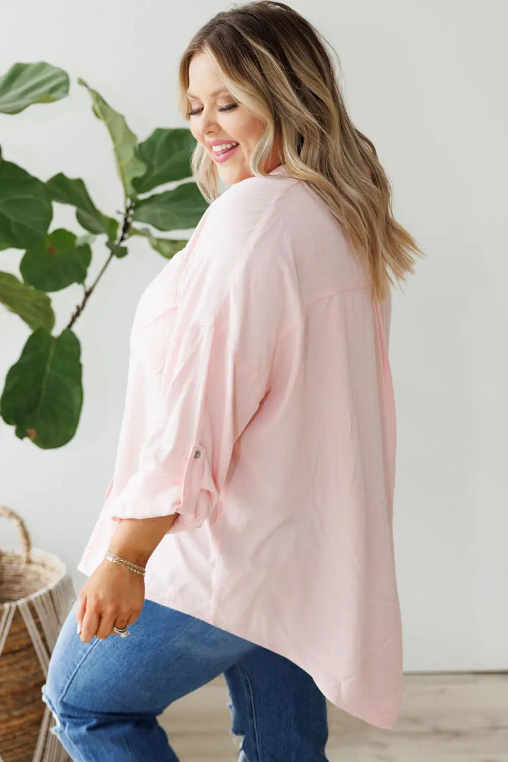 Pink flap pocket tab sleeve button-down plus size shirt