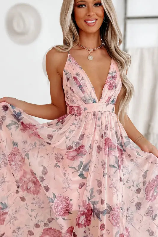 Pink floral backless maxi dress - empire waist by fashionfitz