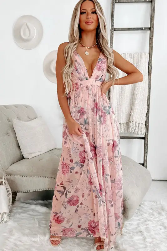 Pink floral backless maxi dress - empire waist by fashionfitz