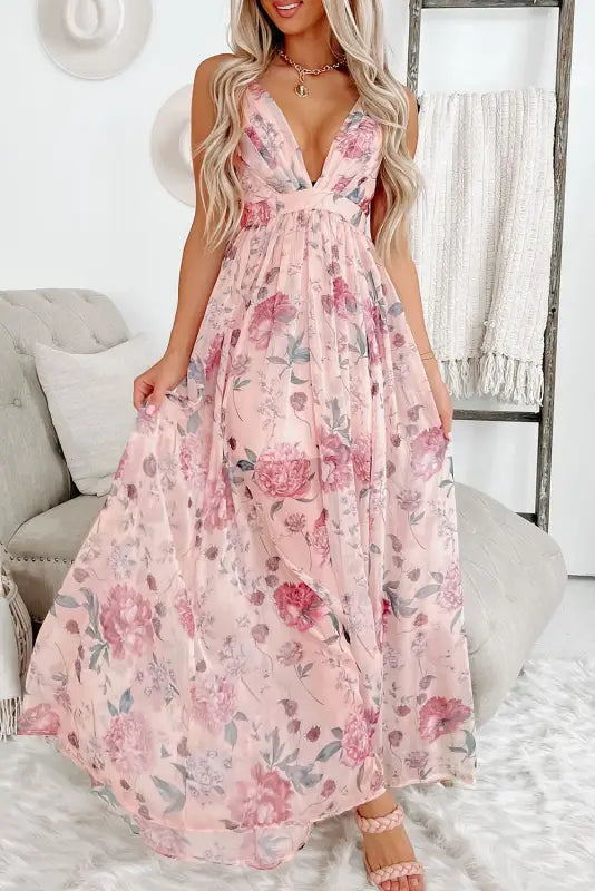 Pink floral backless maxi dress - empire waist by fashionfitz