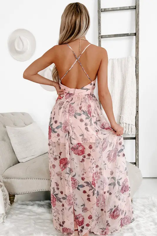 Pink floral backless maxi dress - empire waist by fashionfitz