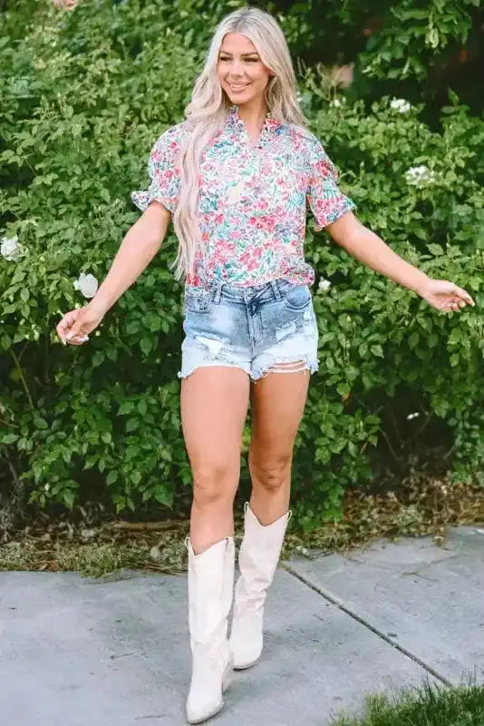 Pink Floral Blouse - Button Split Neck Puff Sleeve - Fashionfitz