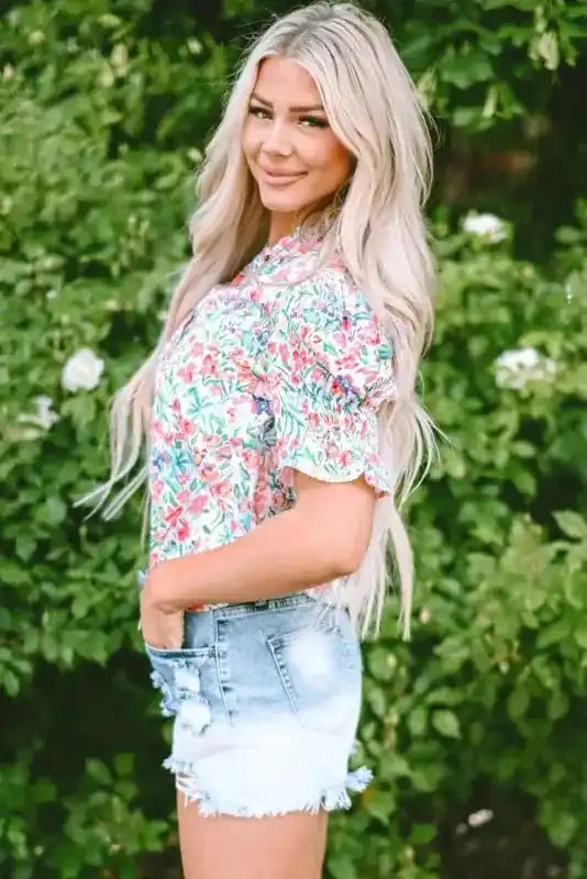 Pink Floral Blouse - Button Split Neck Puff Sleeve - Fashionfitz