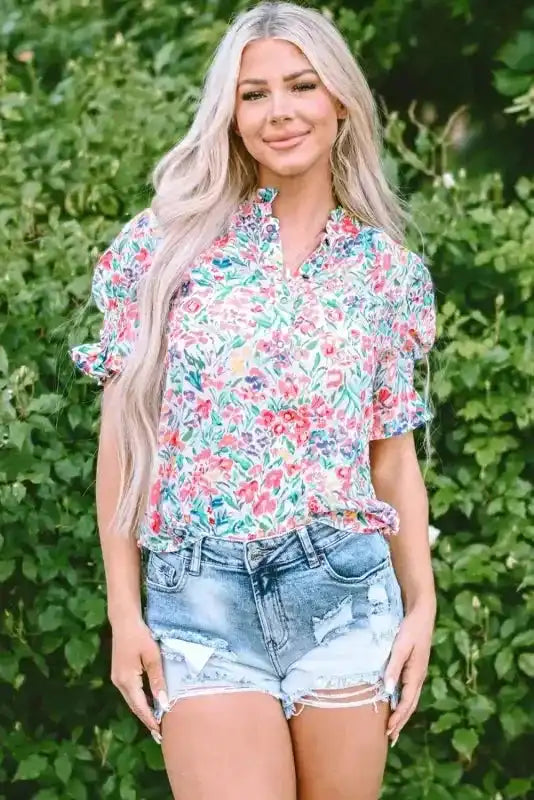 Pink Floral Blouse - Button Split Neck Puff Sleeve - Fashionfitz