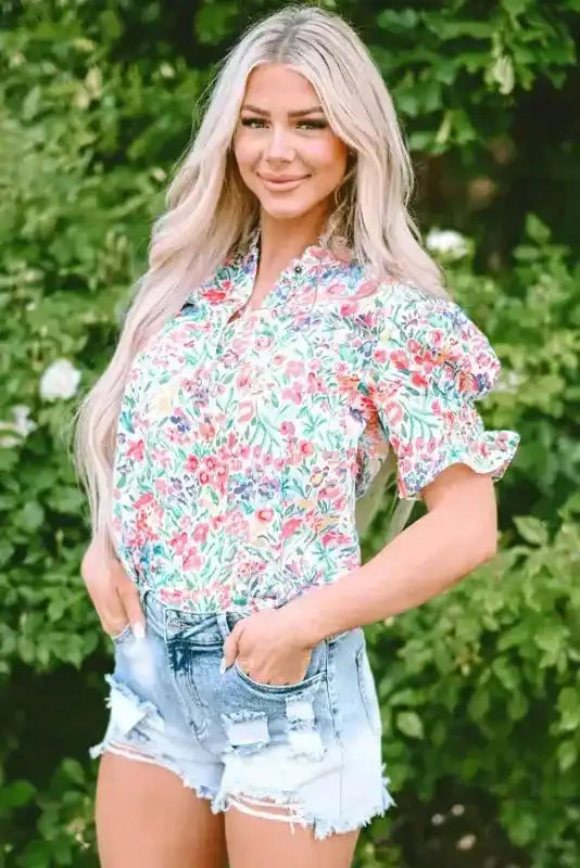 Pink Floral Blouse - Button Split Neck Puff Sleeve - Fashionfitz