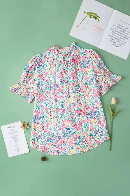 Pink Floral Blouse - Button Split Neck Puff Sleeve - Fashionfitz