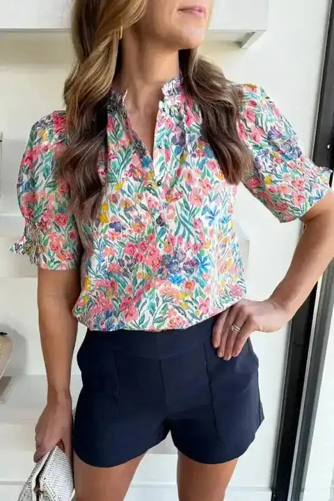 Pink Floral Blouse - Button Split Neck Puff Sleeve - Fashionfitz