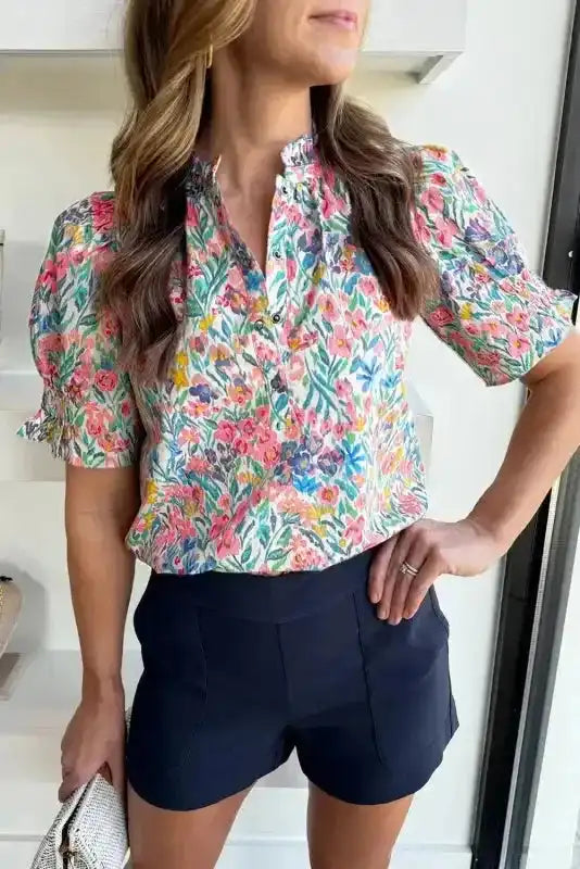 Pink floral button split-neck puff sleeve blouse front view — Fashionfitz UK
