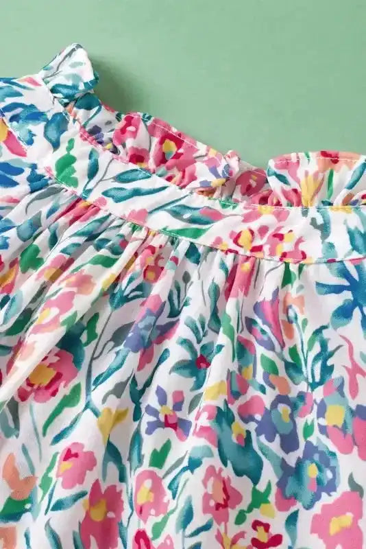 Pink Floral Blouse - Button Split Neck Puff Sleeve - Fashionfitz