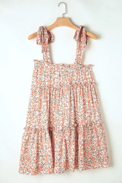 Pink floral dress - knotted straps tiered babydoll - orange / s / 100% polyester - dresses/floral dresses