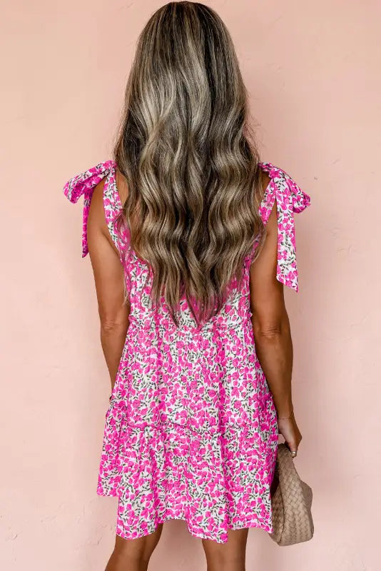 Pink floral dress - knotted straps tiered babydoll - dresses/floral dresses