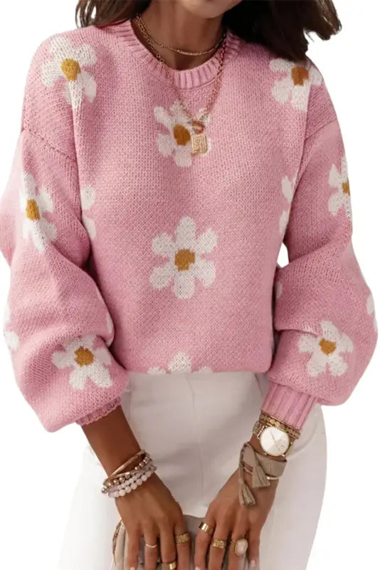 Pink floral drop shoulder sweater - sweaters