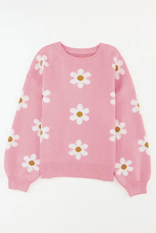 Pink floral drop shoulder sweater - sweaters