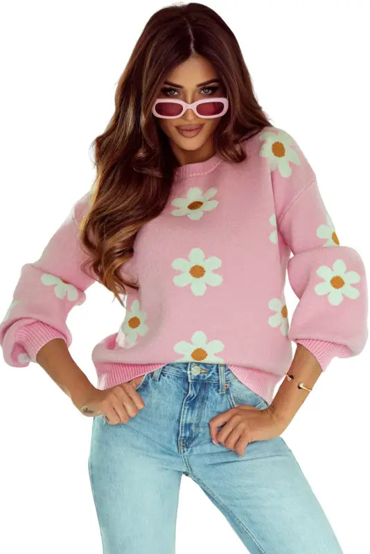 Pink floral drop shoulder sweater - sweaters