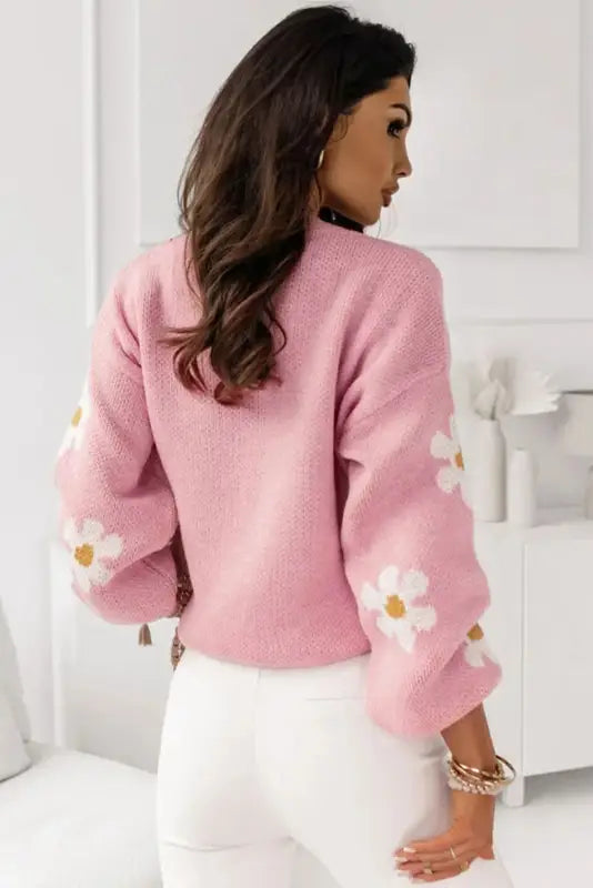 Pink floral drop shoulder sweater - sweaters