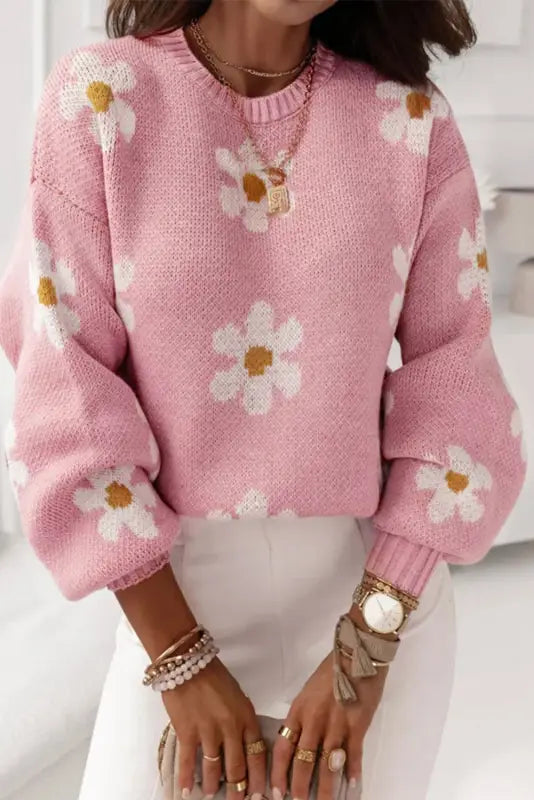 Pink floral drop shoulder sweater - sweaters