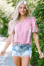 Pink Floral Embroidered Puff Sleeve Blouse - Fashionfitz