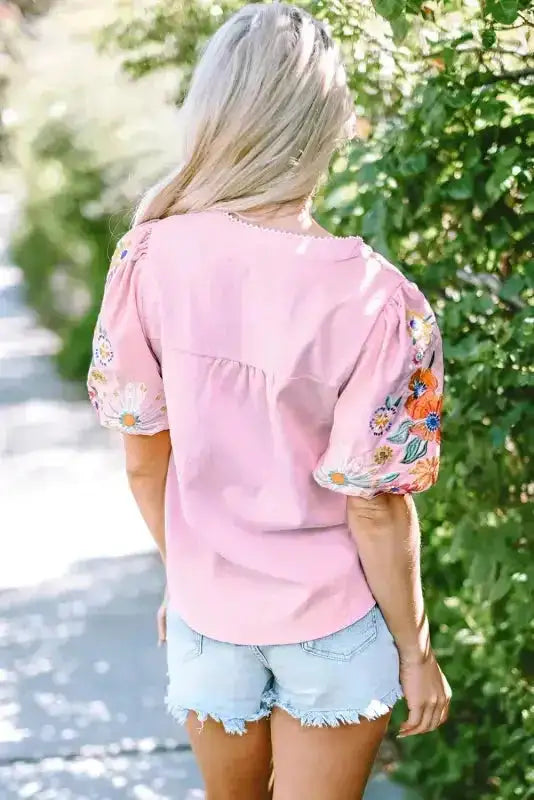 Pink Floral Embroidered Puff Sleeve Blouse - Fashionfitz