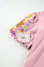 Pink Floral Embroidered Puff Sleeve Blouse - Fashionfitz