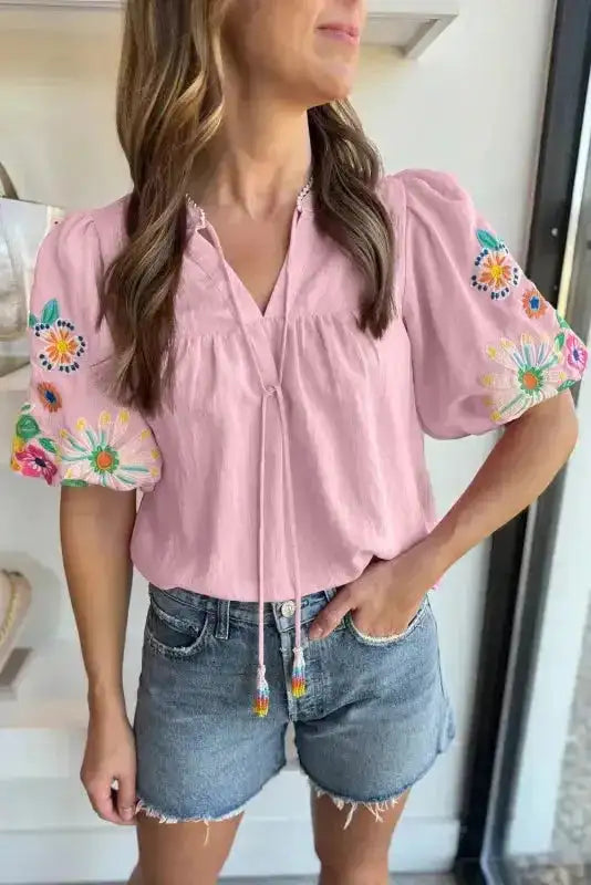 Pink Floral Embroidered Puff Sleeve Blouse - Fashionfitz