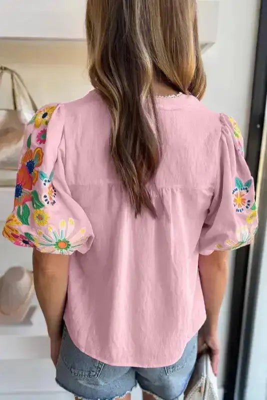 Pink floral embroidered puff sleeve blouse back view — Fashionfitz UK