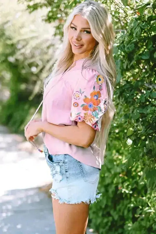 Pink Floral Embroidered Puff Sleeve Blouse - Fashionfitz