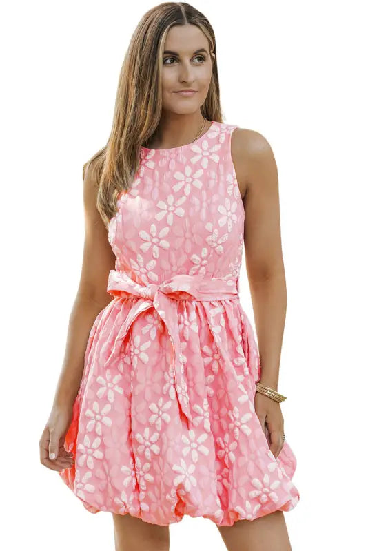 Pink floral jacquard sleeveless mini dress with waist tie - dresses