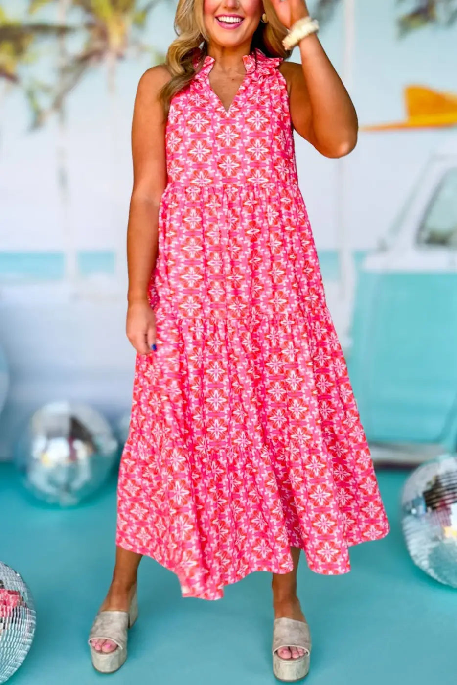 Pink floral maxi dress - frilly neck sleeveless tiered - s / 100% polyester - dresses