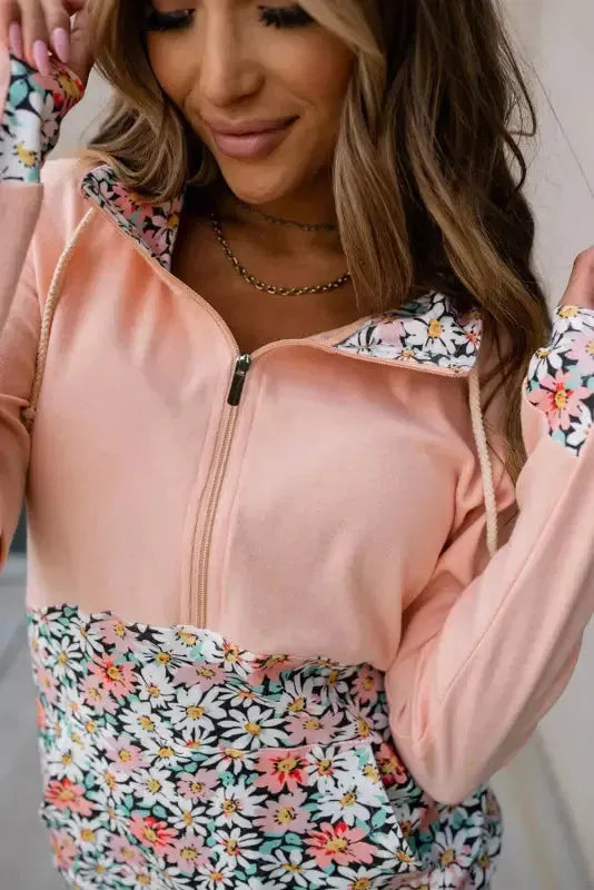 Pink Floral Patch Half-Zip Hoodie - Kangaroo Pocket - Fashionfitz