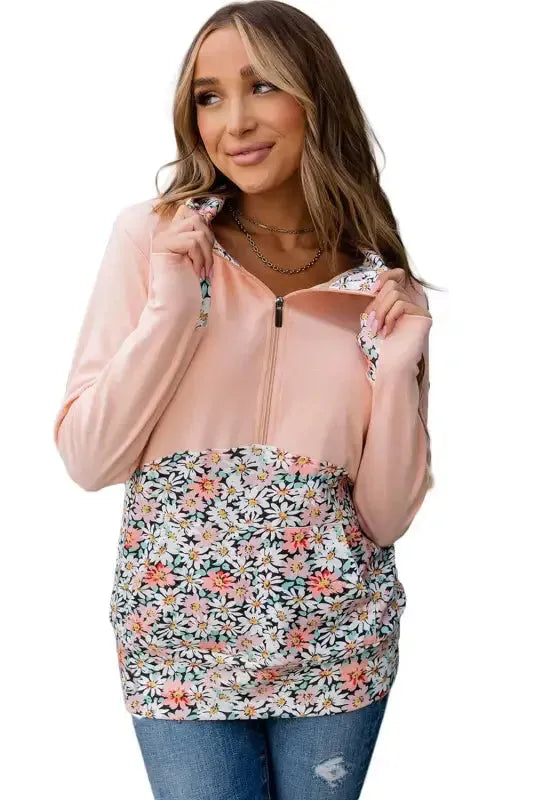 Pink Floral Patch Half-Zip Hoodie - Kangaroo Pocket - Fashionfitz