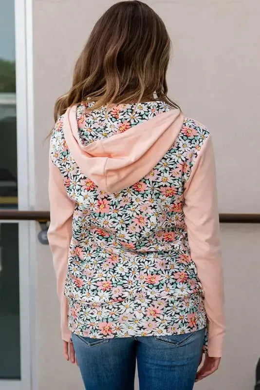 Pink Floral Patch Half-Zip Hoodie - Kangaroo Pocket - Fashionfitz