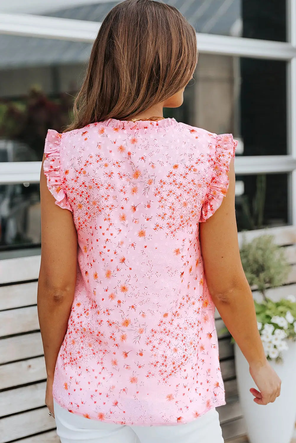 Pink floral print drawstring frill trim sleeveless top - tank tops