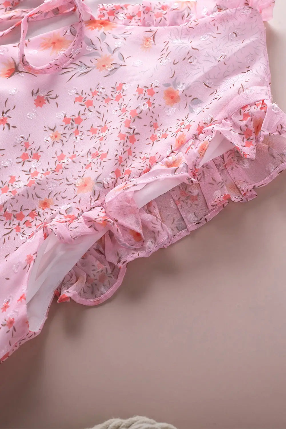 Pink floral print drawstring frill trim sleeveless top - tank tops