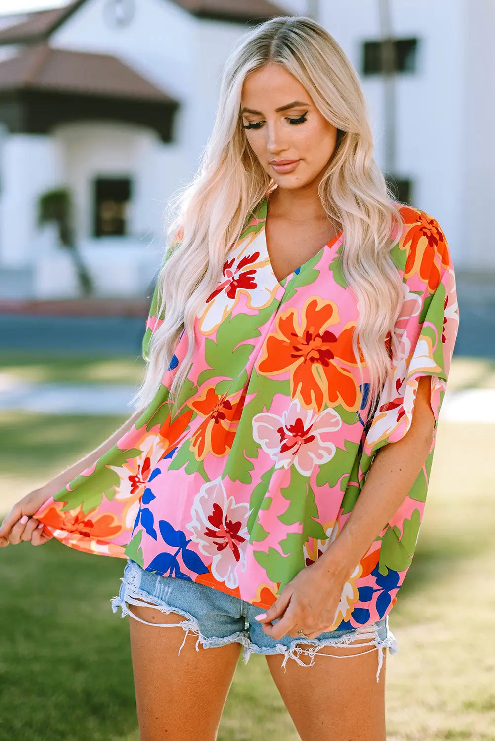 Pink floral print loose fit v neck tunic blouse - s /