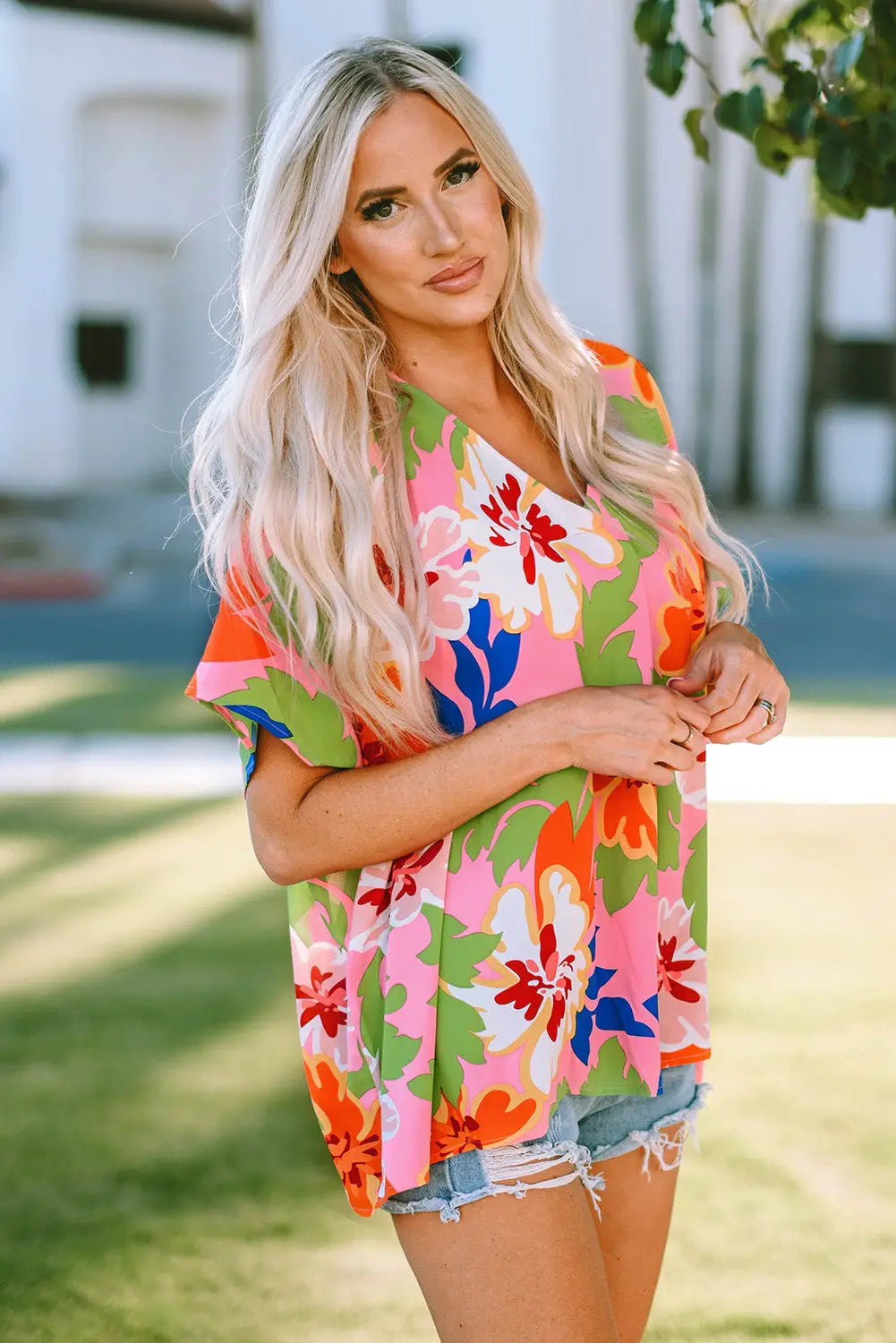 Pink floral print loose fit v neck tunic blouse - blouses & shirts