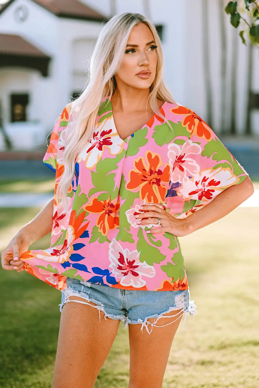 Pink floral print loose fit v neck tunic blouse - blouses & shirts