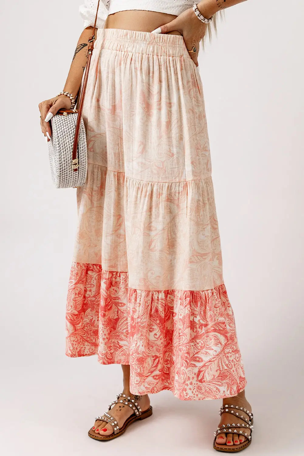 Pink floral print ruffle hem tiered maxi skirt - skirts