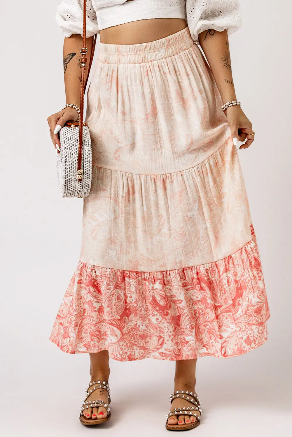 Pink floral print ruffle hem tiered maxi skirt - s / 100% polyester - skirts
