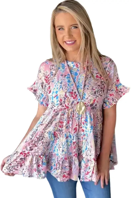 Pink floral print ruffle sleeve babydoll top - t-shirts