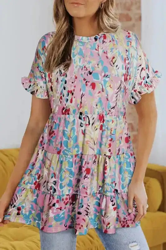 Pink Floral Print Ruffle Sleeve Babydoll Top - Fashionfitz