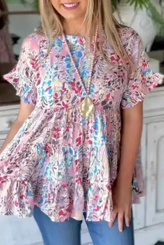 Pink Floral Print Ruffle Sleeve Babydoll Top - Fashionfitz
