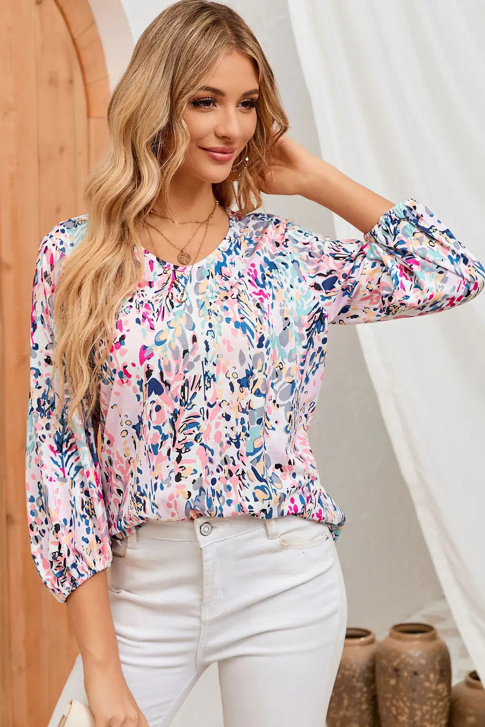 Pink floral print ruffle sleeve babydoll top - blue / s / 92% polyester + 8% elastane - t-shirts