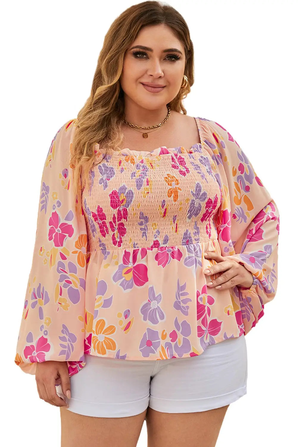 Pink floral print smocked long sleeve peplum blouse - blouses & shirts
