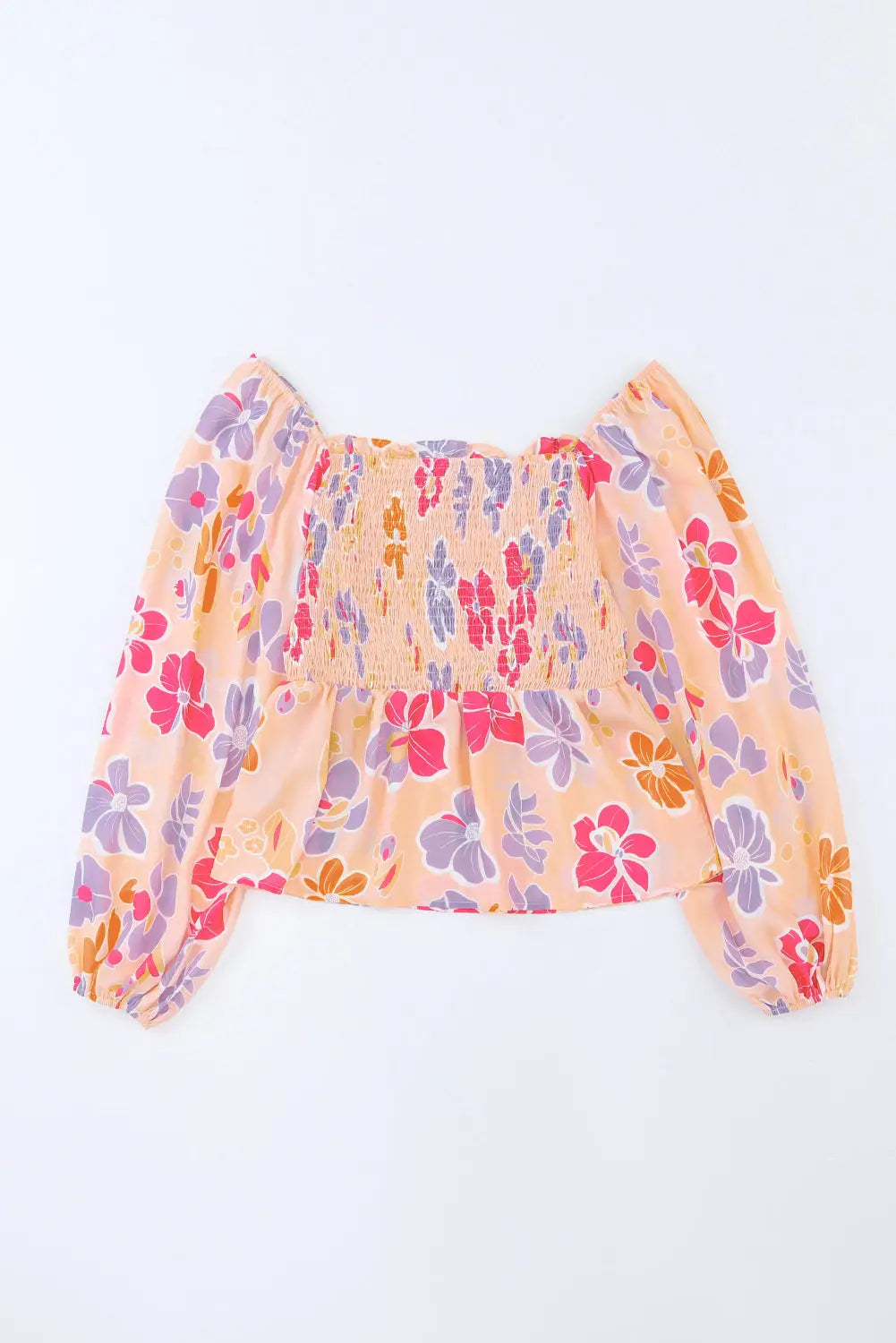 Pink floral print smocked long sleeve peplum blouse - blouses & shirts