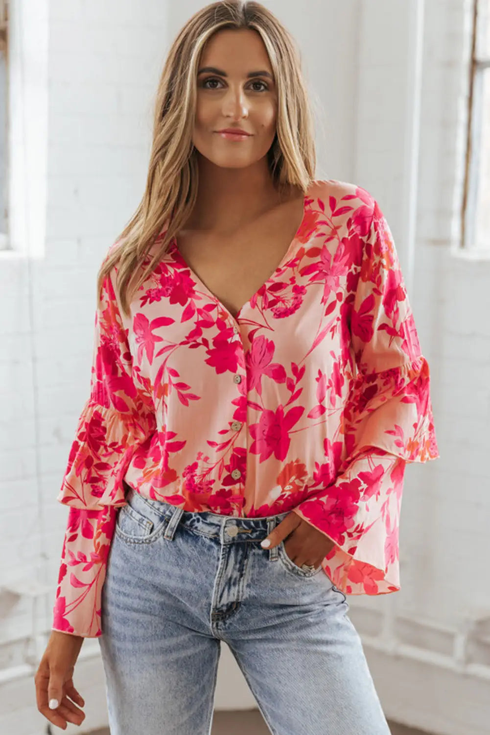 Pink floral print tiered bell long sleeve buttoned bodysuit - tops