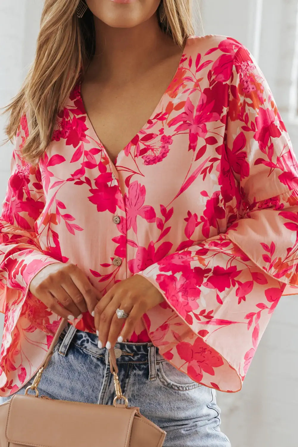 Pink floral print tiered bell long sleeve buttoned bodysuit - tops