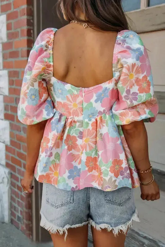 Pink Floral Puff Sleeve Blouse - Fashionfitz