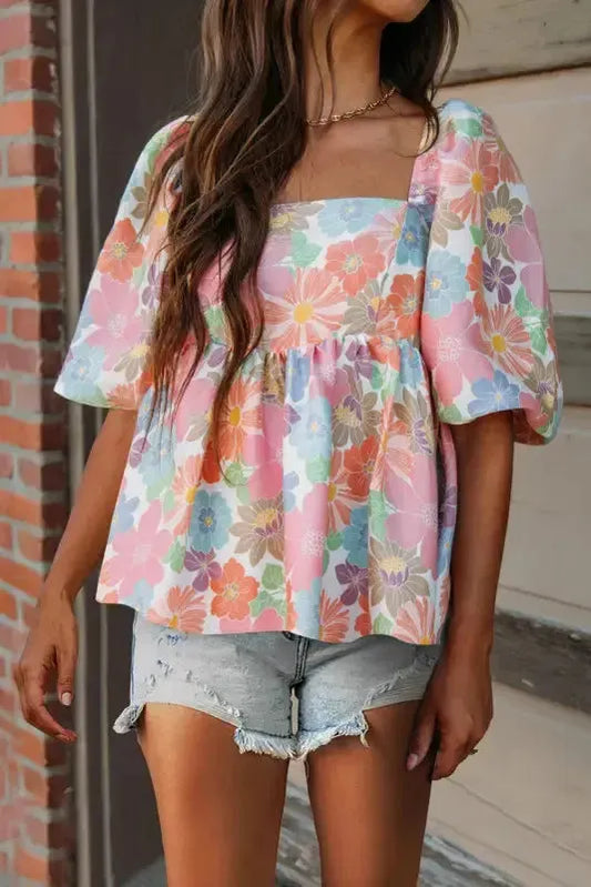 Pink Floral Puff Sleeve Blouse - Fashionfitz