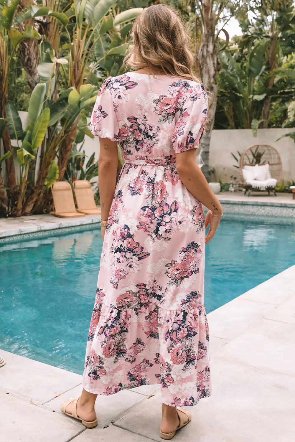 Pink floral puff sleeve high waist maxi dress - dresses