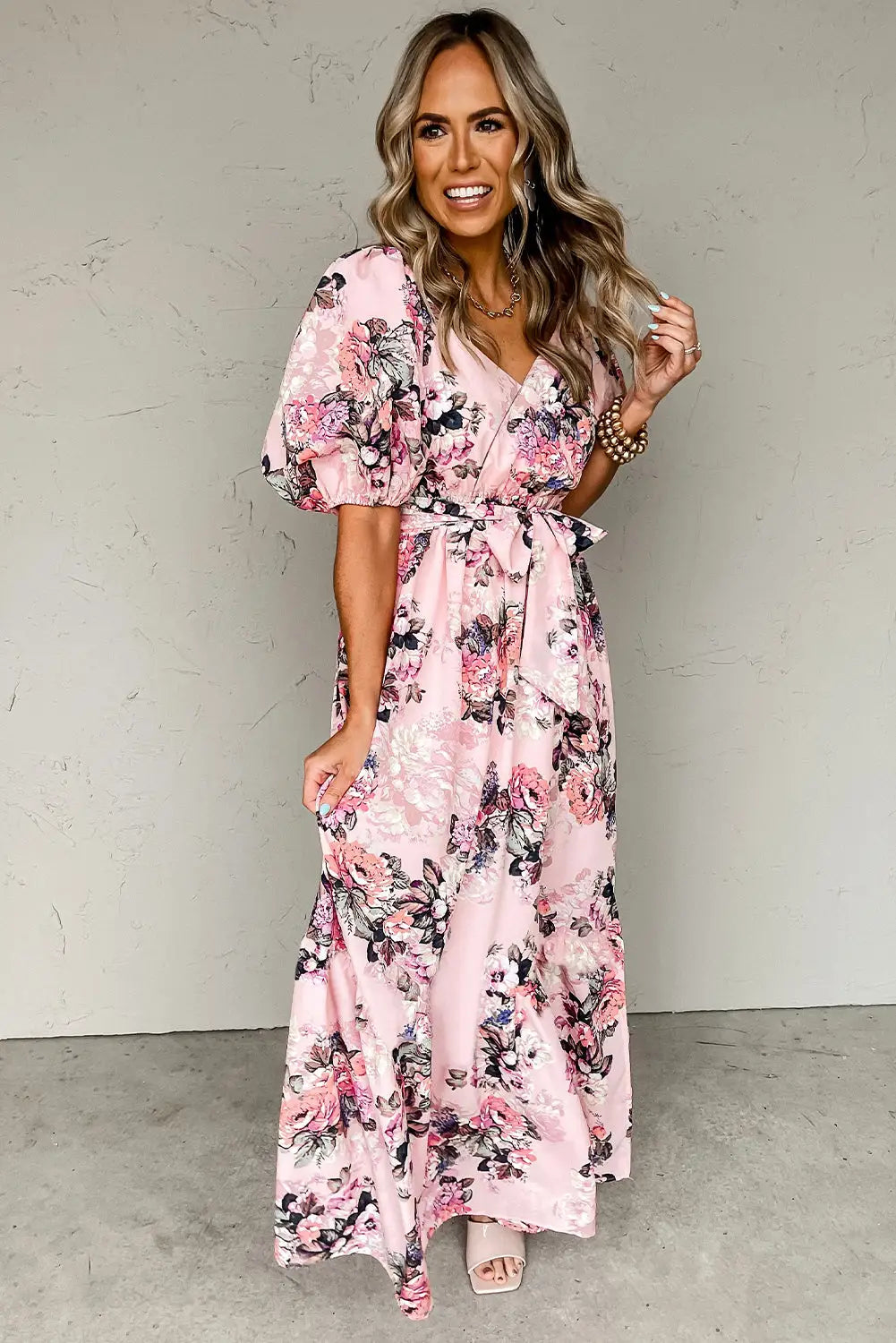 Pink floral puff sleeve high waist maxi dress - dresses